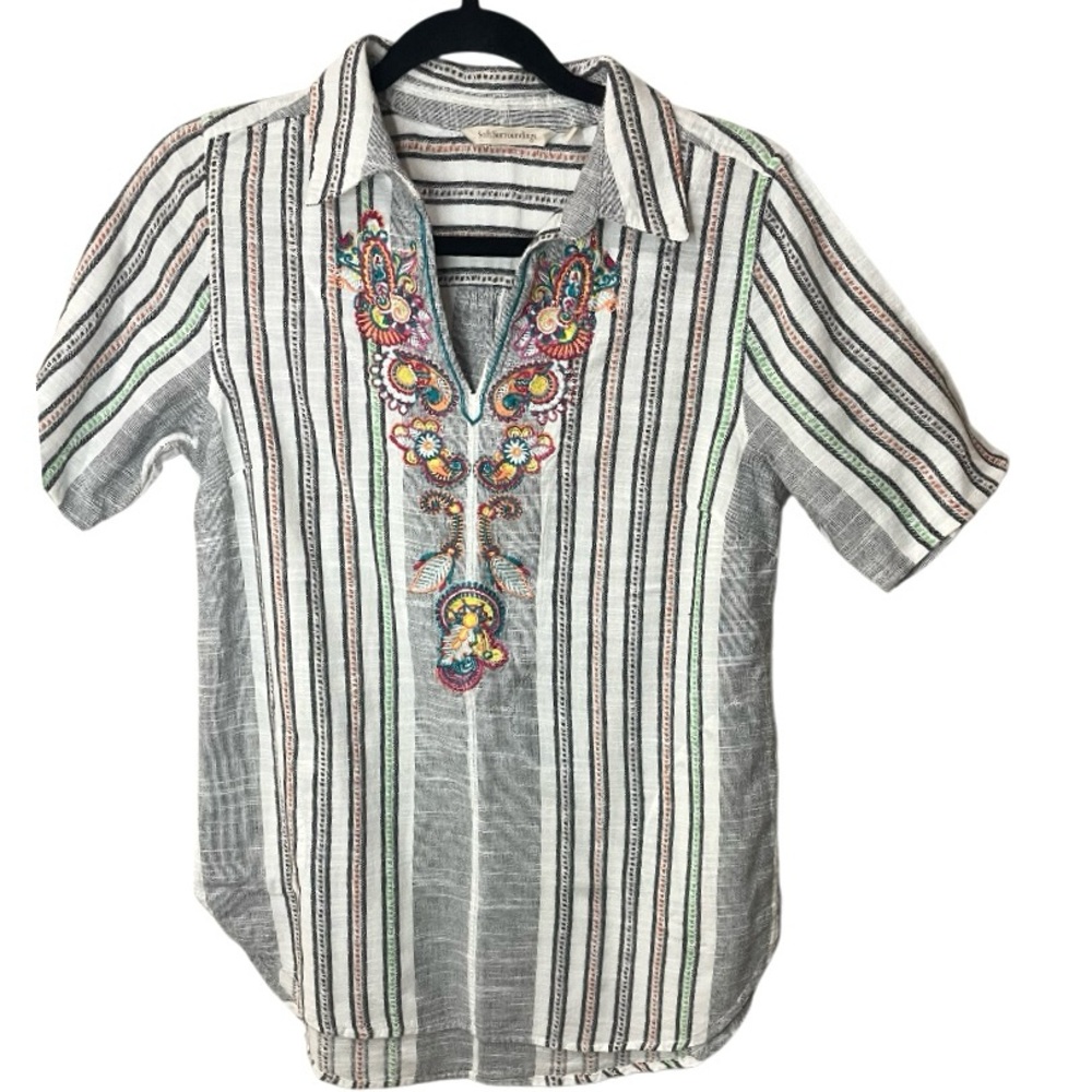 Soft Surroundings Boho Top Stripe Embroidered Short Sleeve Blouse SZ S P  EUC